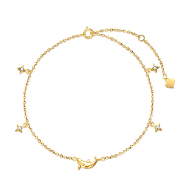 Bracelet de cheville dauphin en or jaune massif 14K pour femmes, bracelet de cheville étoile réglable avec zircone cubique-0