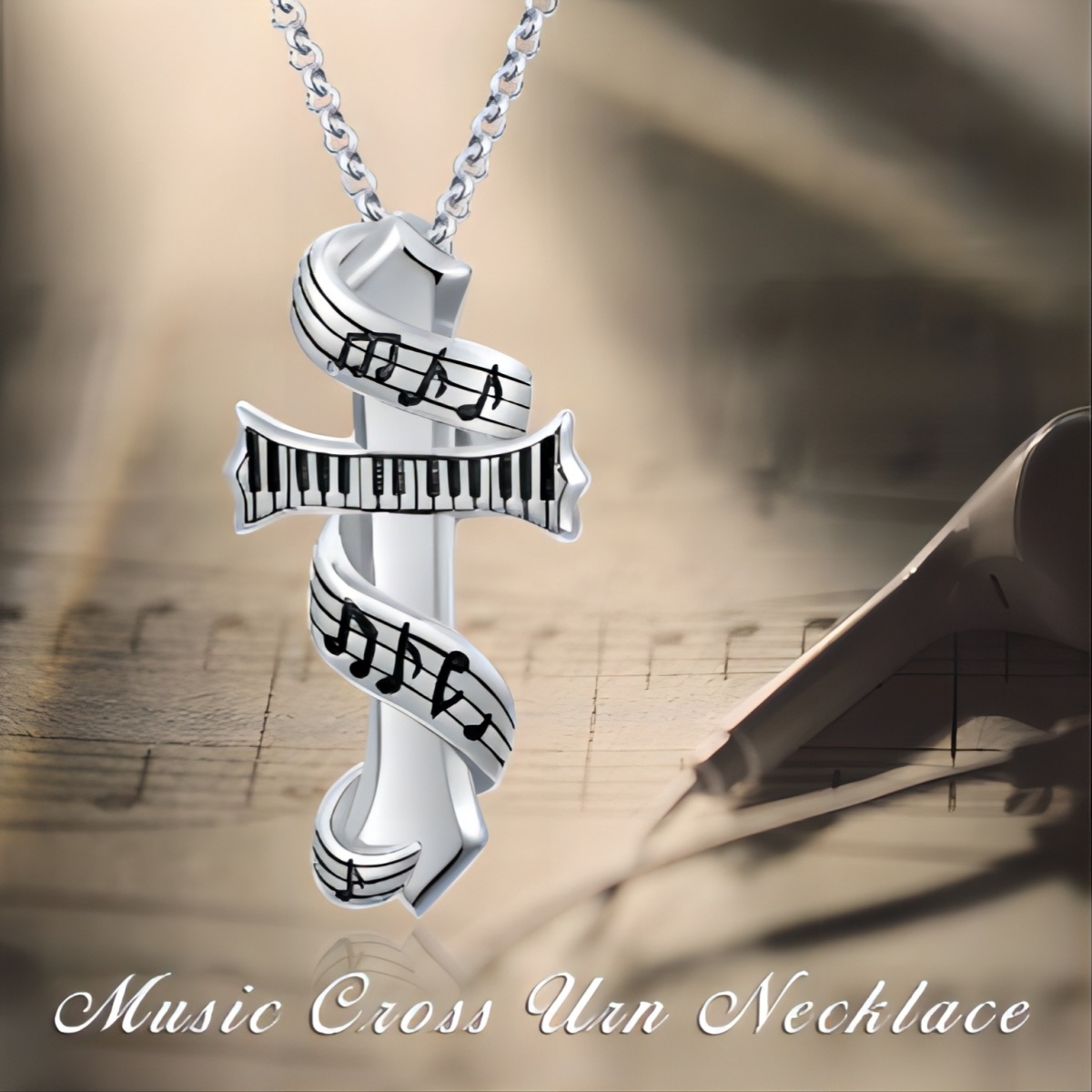 Sterling Silver Cross & Music Symbol & Piano Urn Necklace for Ashes-6