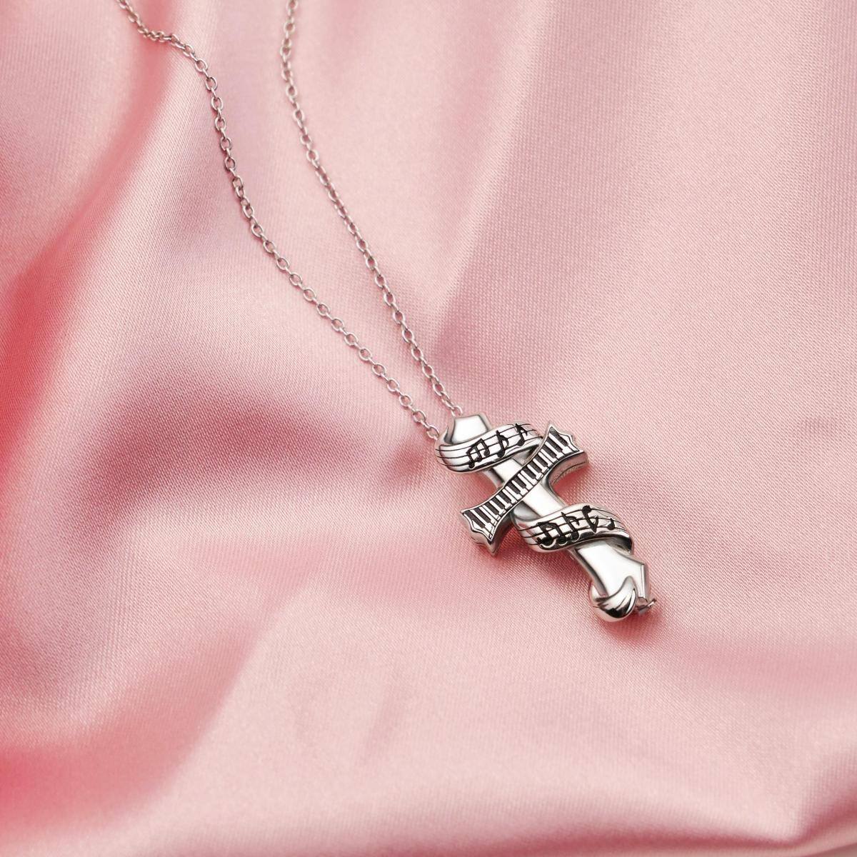 Sterling Silver Cross & Music Symbol & Piano Urn Necklace for Ashes-3