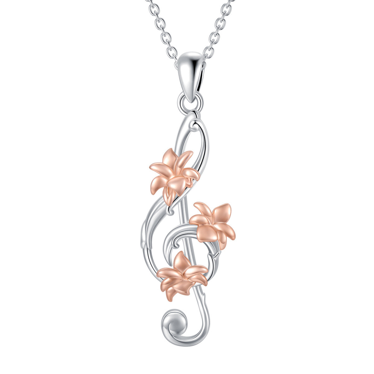 Sterling Silver Two-tone Orchid & Music Symbol Pendant Necklace-1