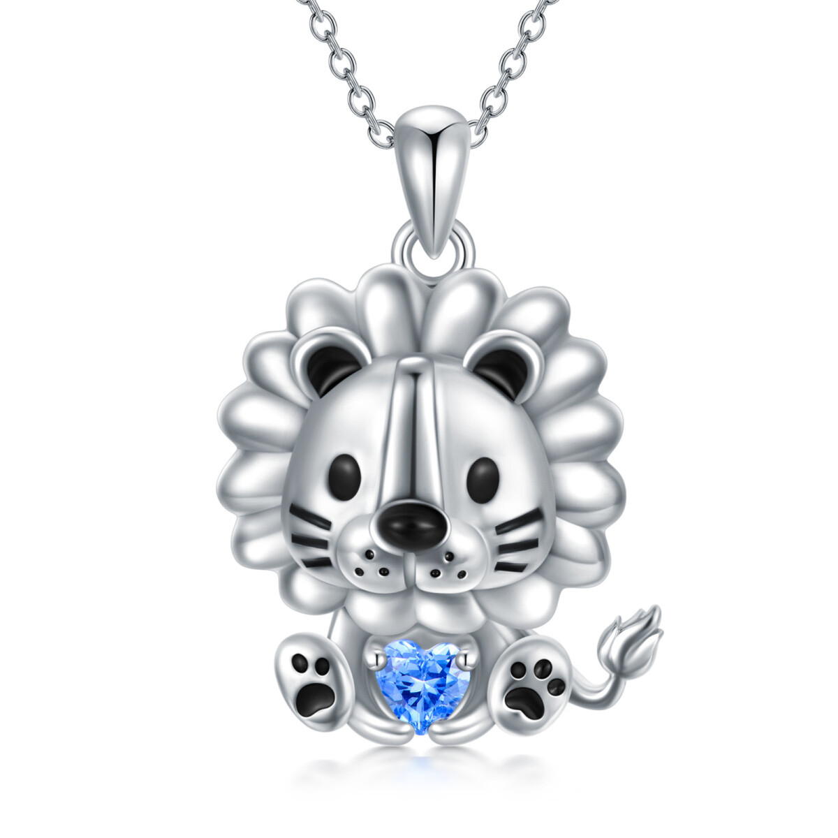 Sterling Silver Heart Shaped Cubic Zirconia Lion & Heart Pendant Necklace-1