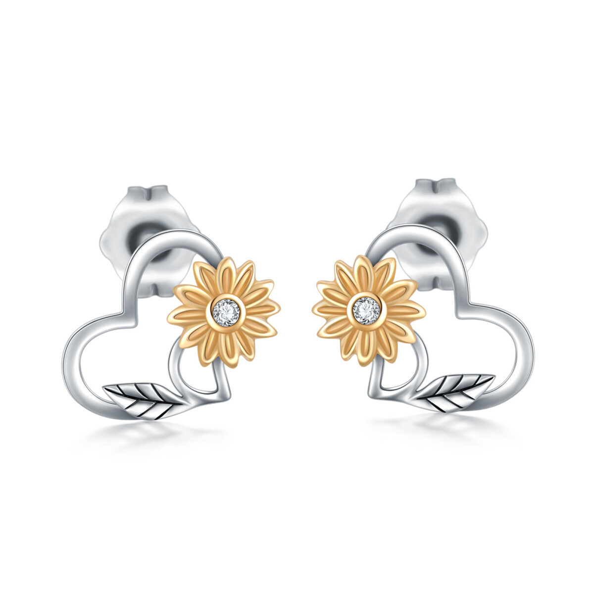 14K White Gold & Yellow Gold Cubic Zirconia Sunflower Stud Earrings-1