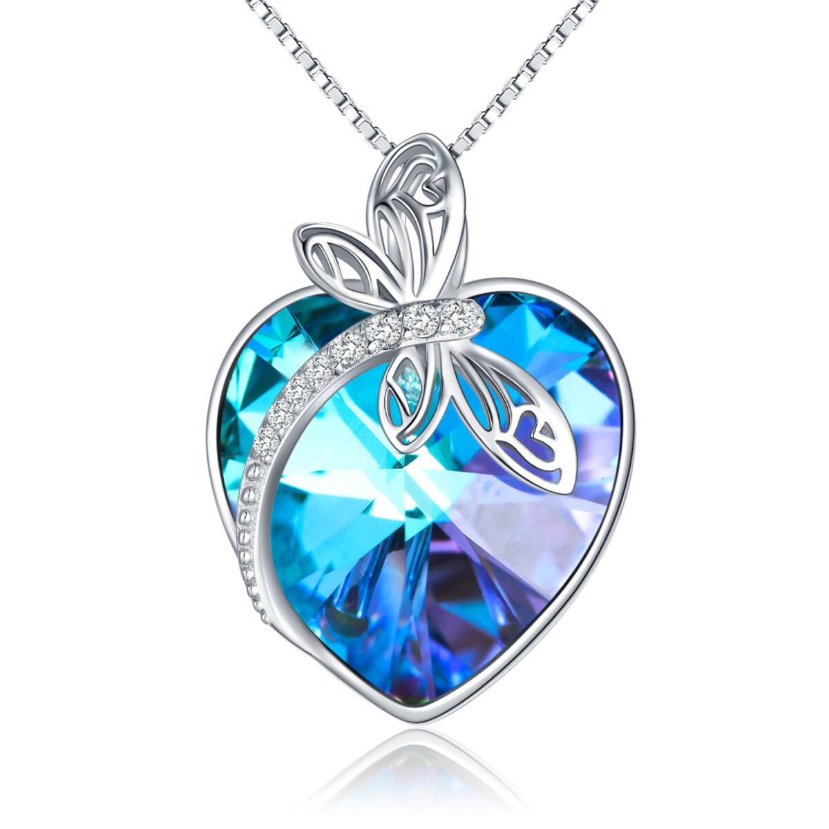 Sterling Silver Heart Shaped Dragonfly & Heart Crystal Pendant Necklace-1