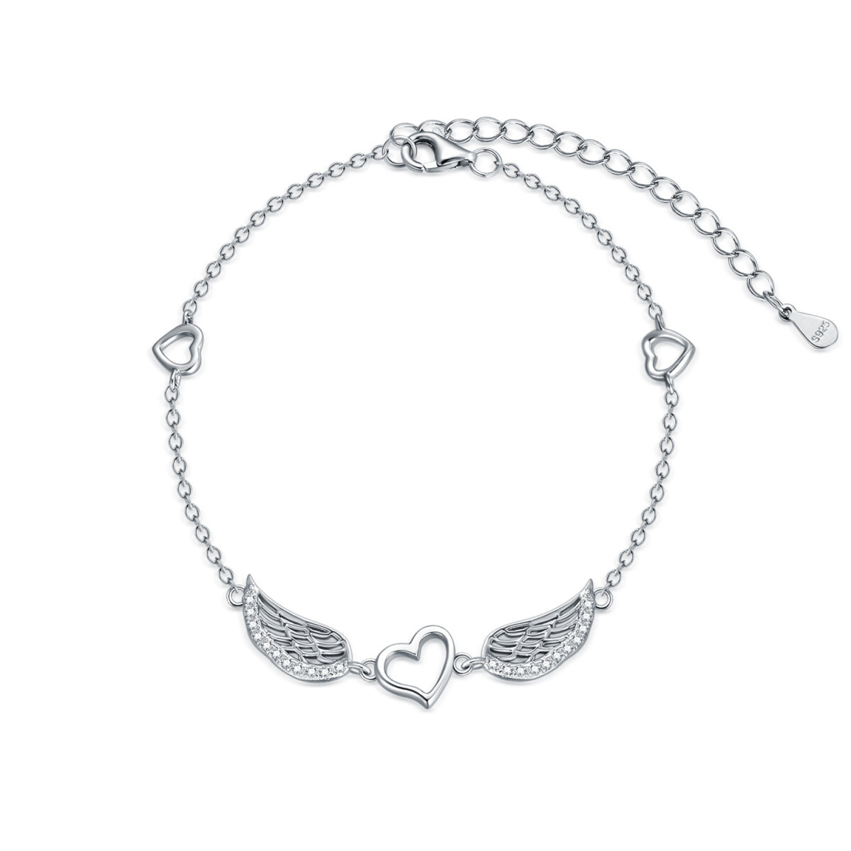 Sterling Silver Circular Shaped Cubic Zirconia Angel Wing & Heart Pendant Bracelet-1