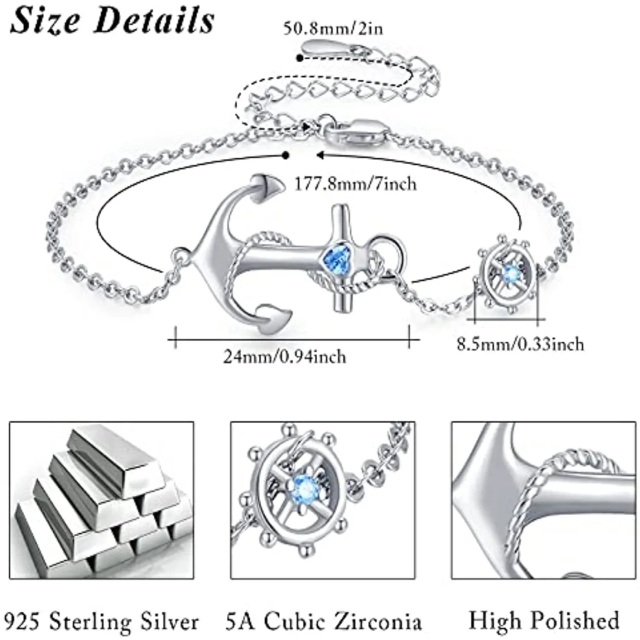 Sterling Silver Cubic Zirconia Compass & Rudder Pendant Bracelet-3