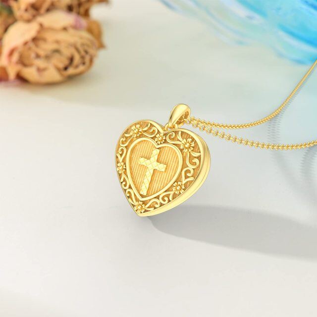 Sterling Silver with Yellow Gold Plated Cross Heart Personalized Engraving Photo Locket Necklace-3