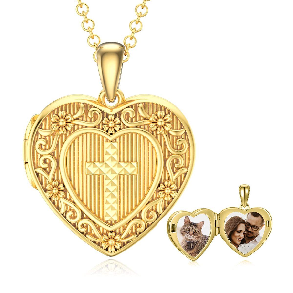 Plata de ley con baño de oro amarillo Cruz Corazón Personalizado Grabación Foto Relicario Collar-1