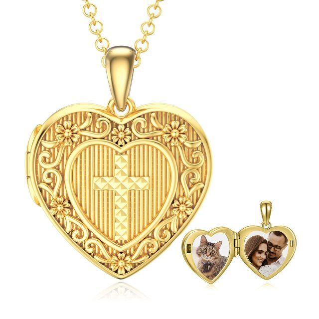 Sterling Silver with Yellow Gold Plated Cross Heart Personalized Engraving Photo Locket Necklace-0