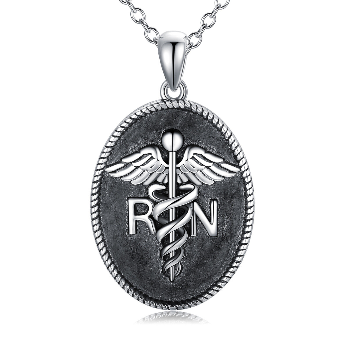 Sterling Silver Caduceus & Oval Shaped Pendant Necklace with Engraved Word-1