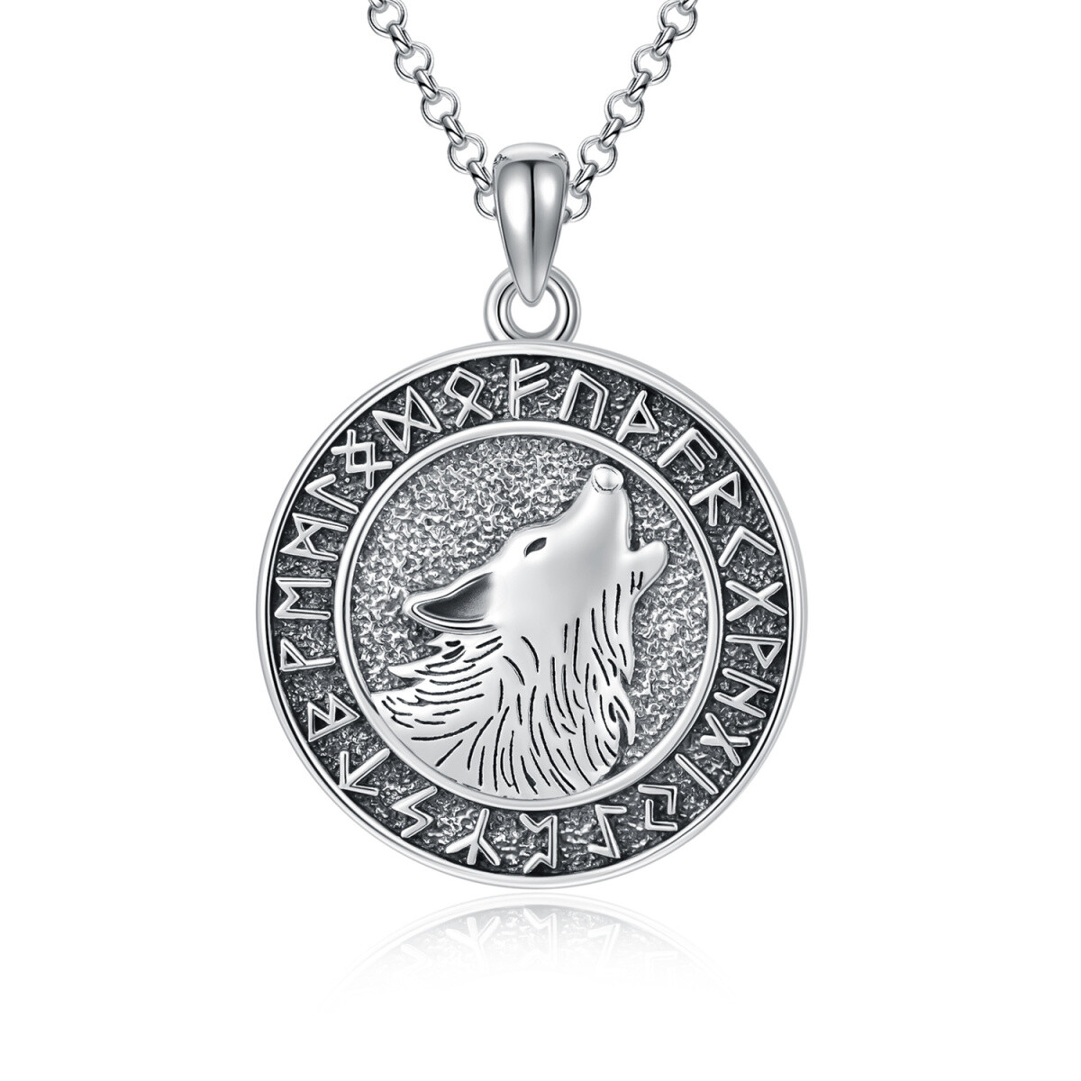 Sterling Silver Wolf & Viking Rune Coin Pendant Necklace-1