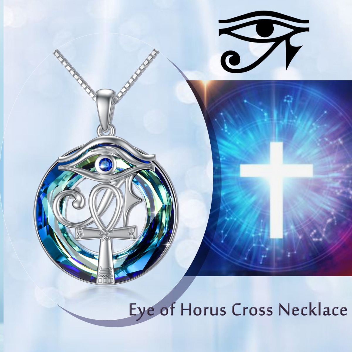 Sterling Silver Circular Shaped Ankh & Eye Of Horus Crystal Pendant Necklace-7