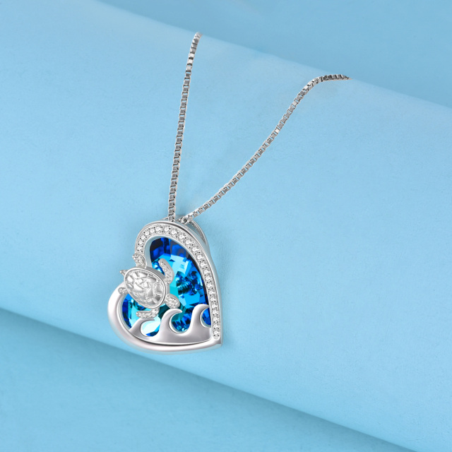 Sterling Silver Heart Shaped Sea Turtle & Heart & Spray Crystal Pendant Necklace-2