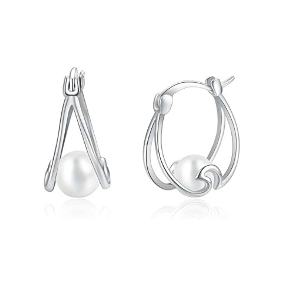 Sterling Silver Circular Shaped Pearl Spray Hoop Earrings-7