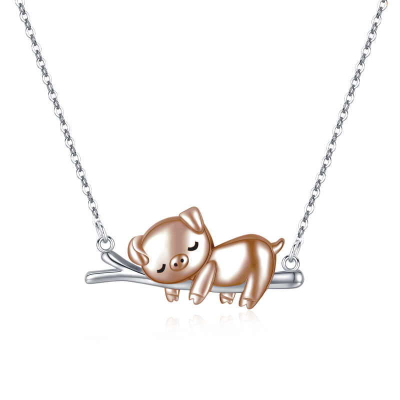 Sterling Silver Two-tone Pig Piggy Pendant Necklace