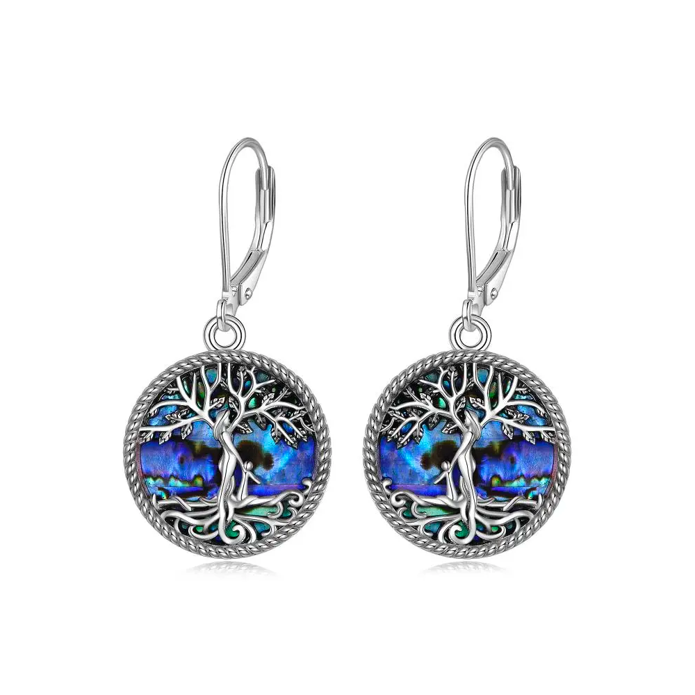 Sterling Silver Circular Shaped Abalone Shellfish Tree Of Life Lever-back Earrings-1
