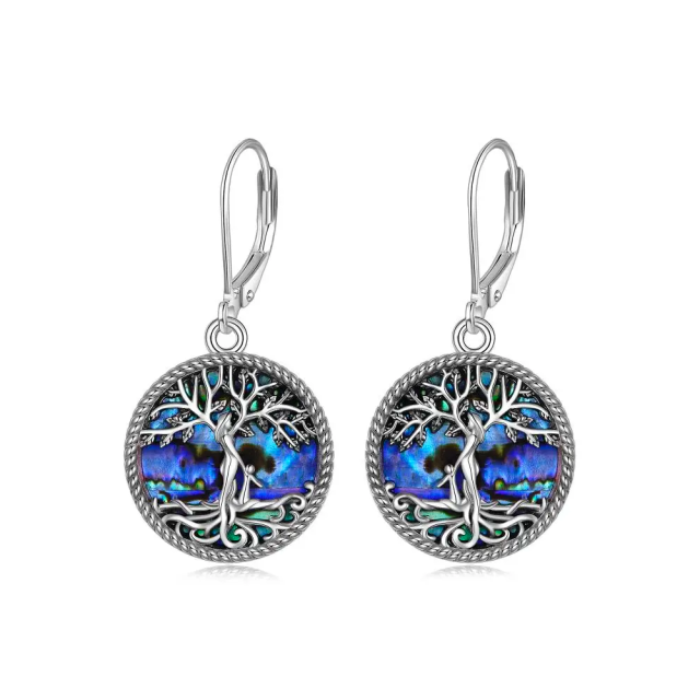 Sterling Silver Circular Shaped Abalone Shellfish Tree Of Life Lever-back Earrings-0