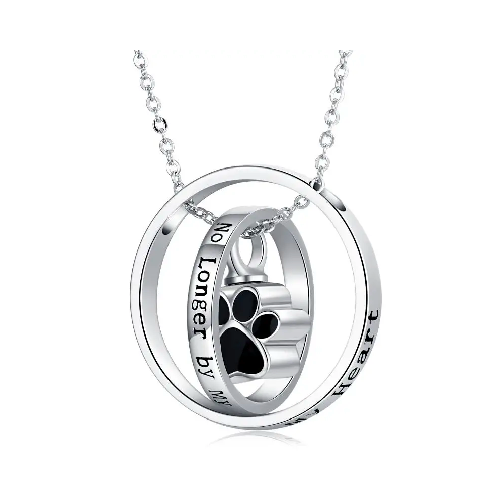 Sterling Silver Paw & Circle Urn Necklace for Ashes with Engraved Word-1