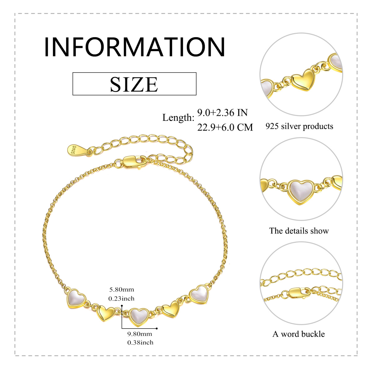 Bracelet en argent sterling avec pendentif en forme de coeur plaqué or jaune-5