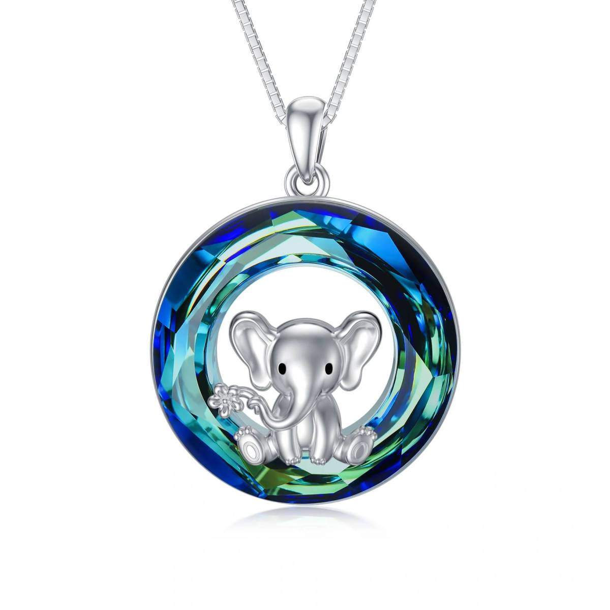 Sterling Silver Circular Shaped Elephant Crystal Pendant Necklace-1