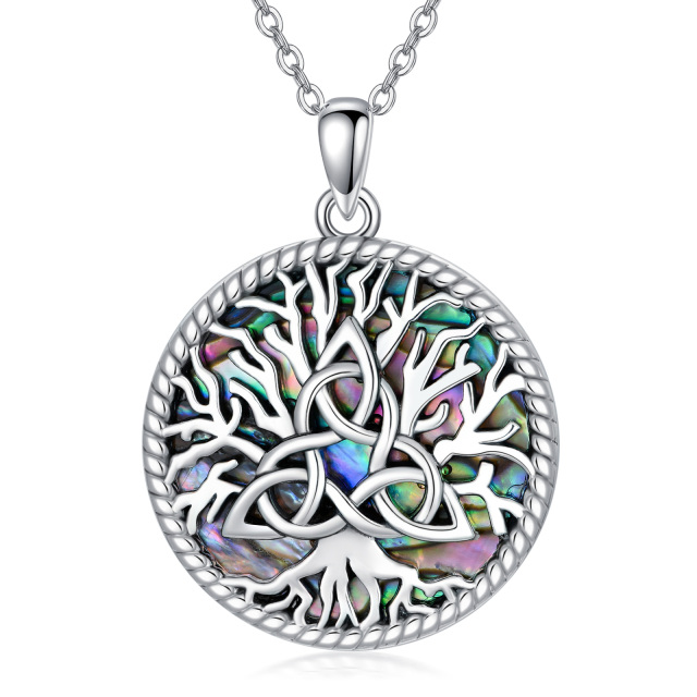 Sterling Silver Circular Shaped Abalone Shellfish Tree Of Life Pendant Necklace-1