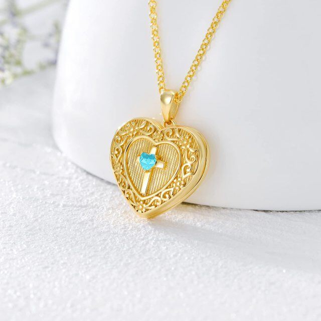 Sterling Silver with Yellow Gold Plated Cross Heart Shaped Cubic Zirconia Personalized Birthstone Engraving Custom Photo Locket Necklace-2