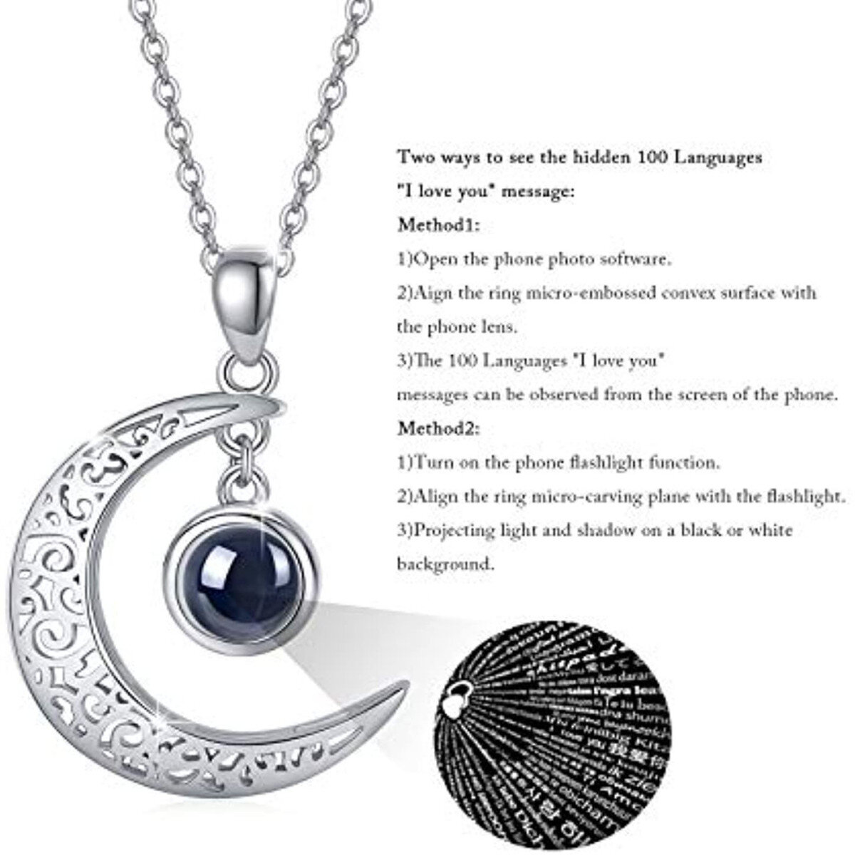 Sterling Silver Circular Shaped Projection Stone Personalized Projection & Moon Pendant Necklace-5