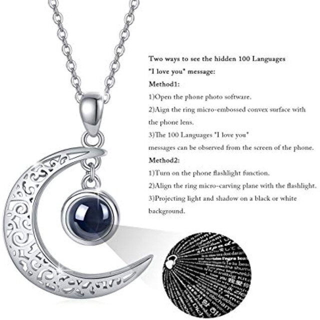 Sterling Silver Circular Shaped Projection Stone Personalized Projection & Moon Pendant Necklace-4