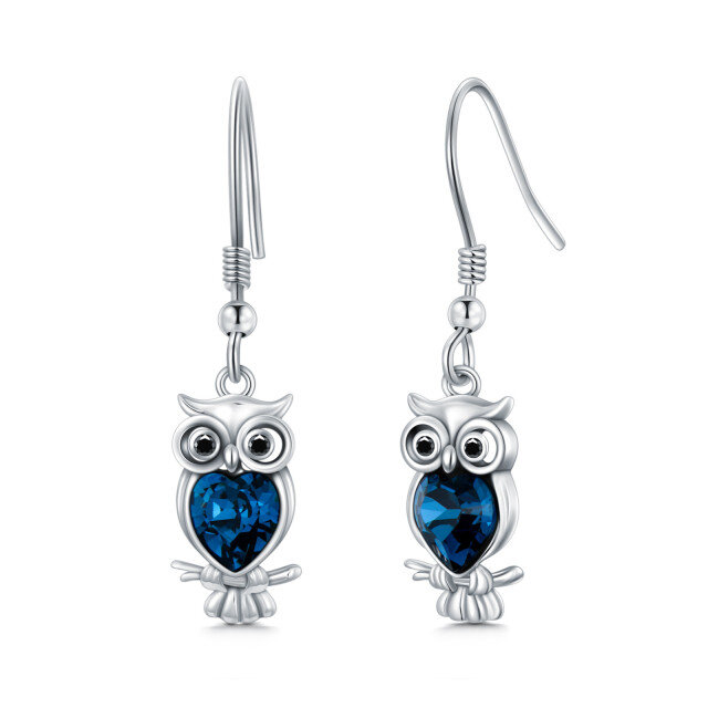 Sterling Silver Heart Shaped Crystal Owl Drop Earrings-1