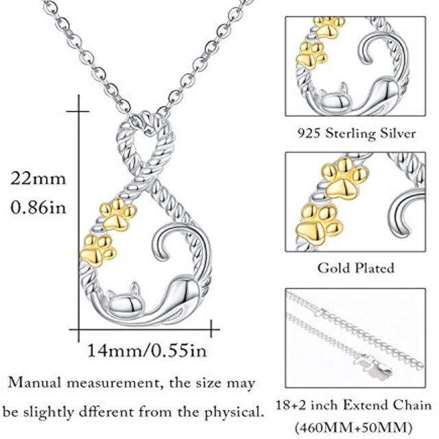 Sterling Silver Two-tone Cat & Paw & Infinity Symbol Pendant Necklace-4