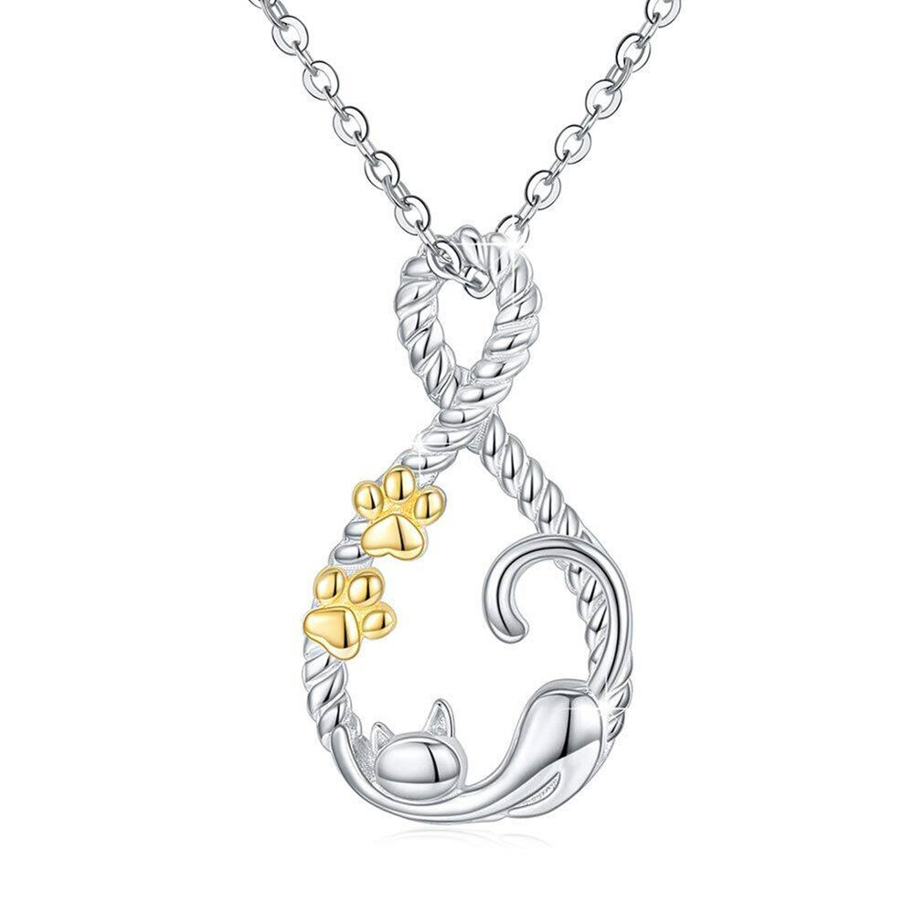 Sterling Silver Two-tone Cat & Paw & Infinity Symbol Pendant Necklace-1