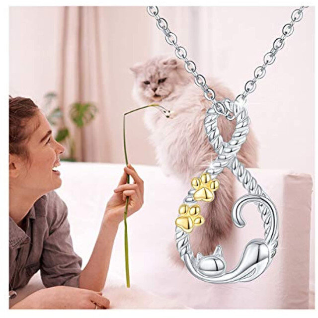 Collar con colgante de símbolo de infinito de pata de gato en dos tonos de plata de ley-5