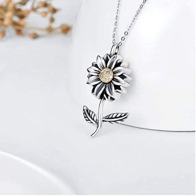 Sterling Silver Oxidized Cubic Zirconia Sunflower Urn Necklace for Ashes-2