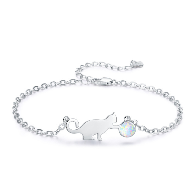 Sterling Silver Circular Shaped Opal Cat Pendant Bracelet-0