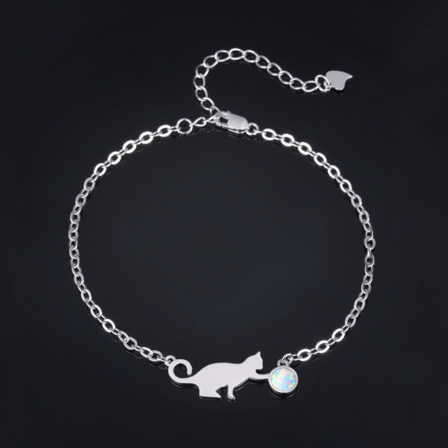 Sterling Silver Circular Shaped Opal Cat Pendant Bracelet-1