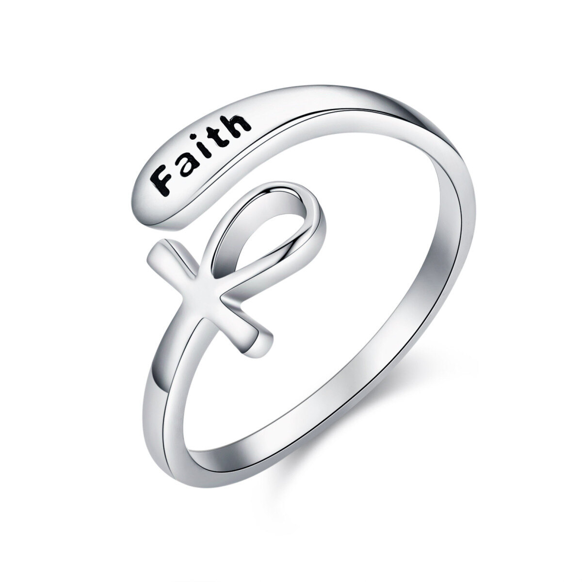 Sterling Silver Ankh Open Ring with Engraved Word-1