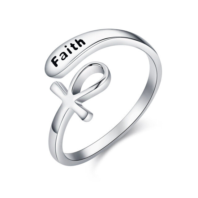 Sterling Silver Ankh Open Ring with Engraved Word-0