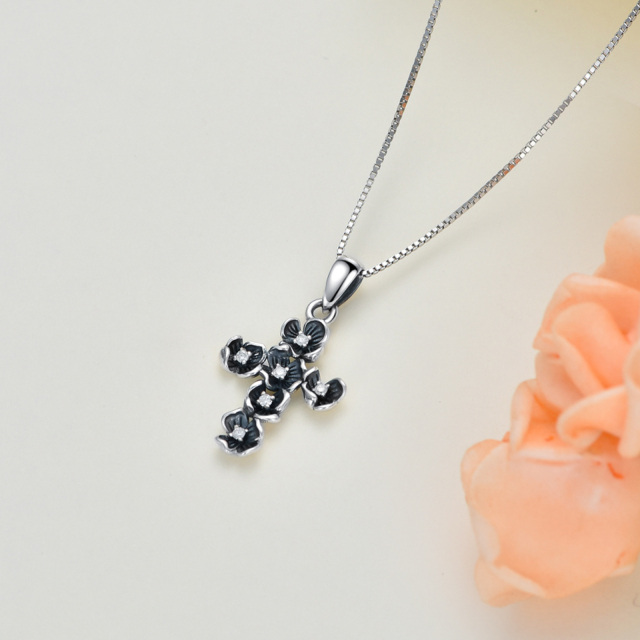 Sterling Silver Circular Shaped Diamond Peach Blossom & Cross Pendant Necklace-3