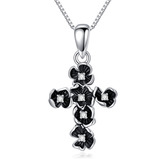 Sterling Silver Circular Shaped Diamond Peach Blossom & Cross Pendant Necklace-1