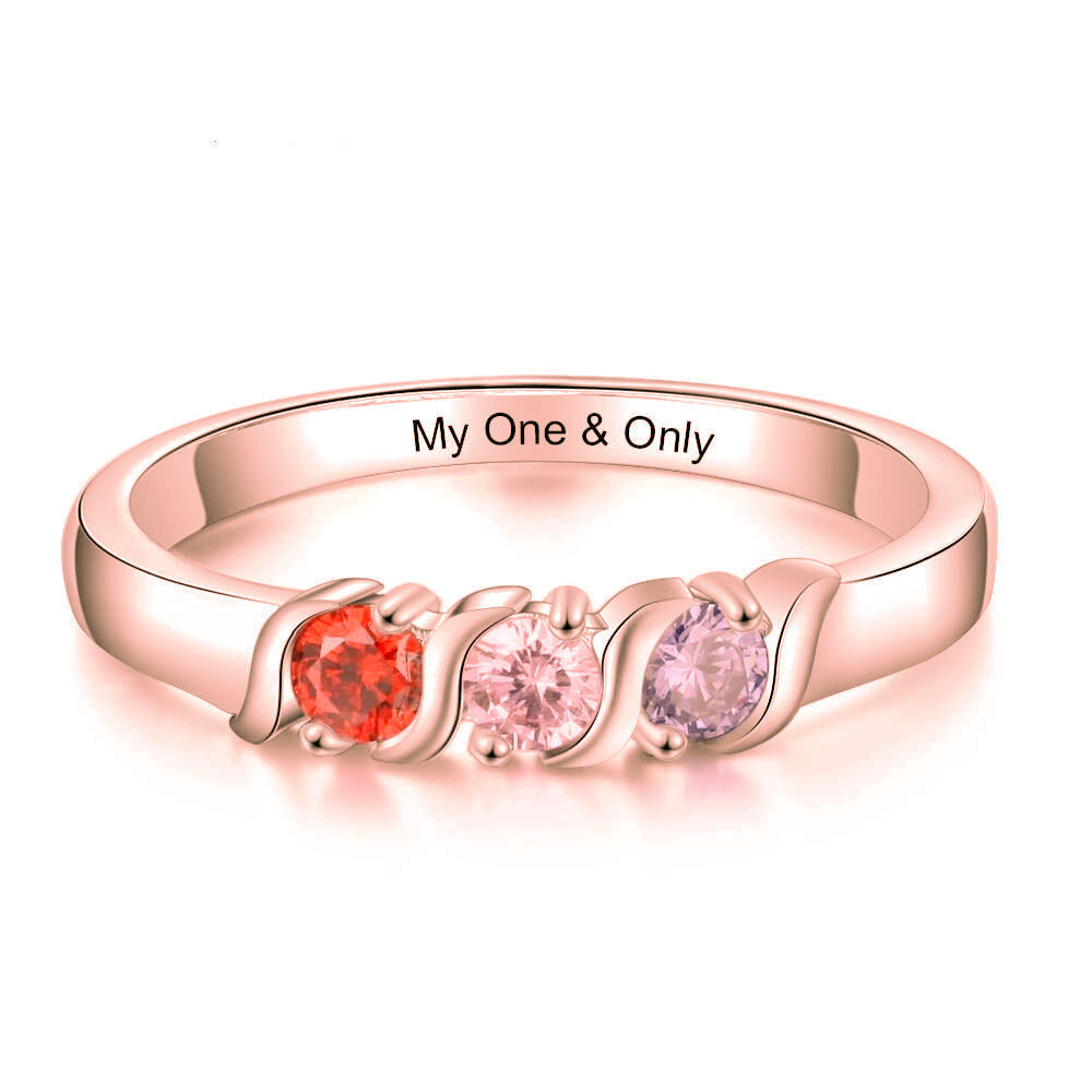 Sterling Silver with Rose Gold Plated Circular Shaped Cubic Zirconia Personalized Birthstone & Personalized Engraving Birthstone Ring-1