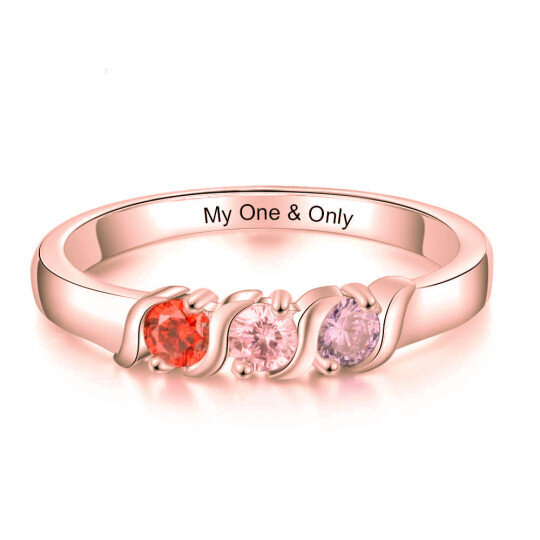 Sterling Silver with Rose Gold Plated Circular Shaped Cubic Zirconia Personalized Birthstone & Personalized Engraving Birthstone Ring