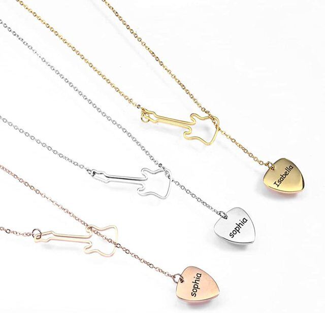Sterling Silver with Rose Gold Plated Personalized Engraving & Guitar & Heart Adjustable Y Necklace-1