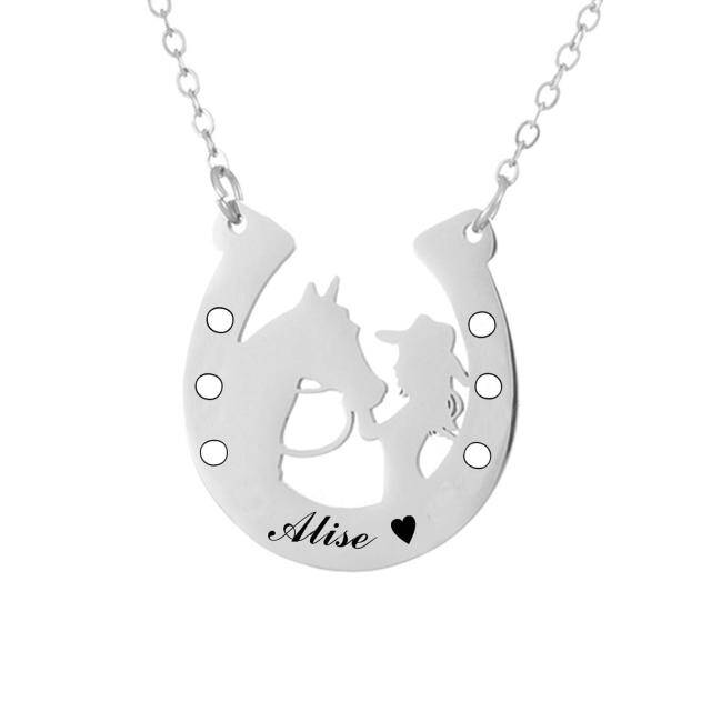 Sterling Silver with Rose Gold Plated & Personalized Engraving Horse Pendant Necklace-2