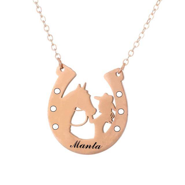 Sterling Silver with Rose Gold Plated & Personalized Engraving Horse Pendant Necklace-0