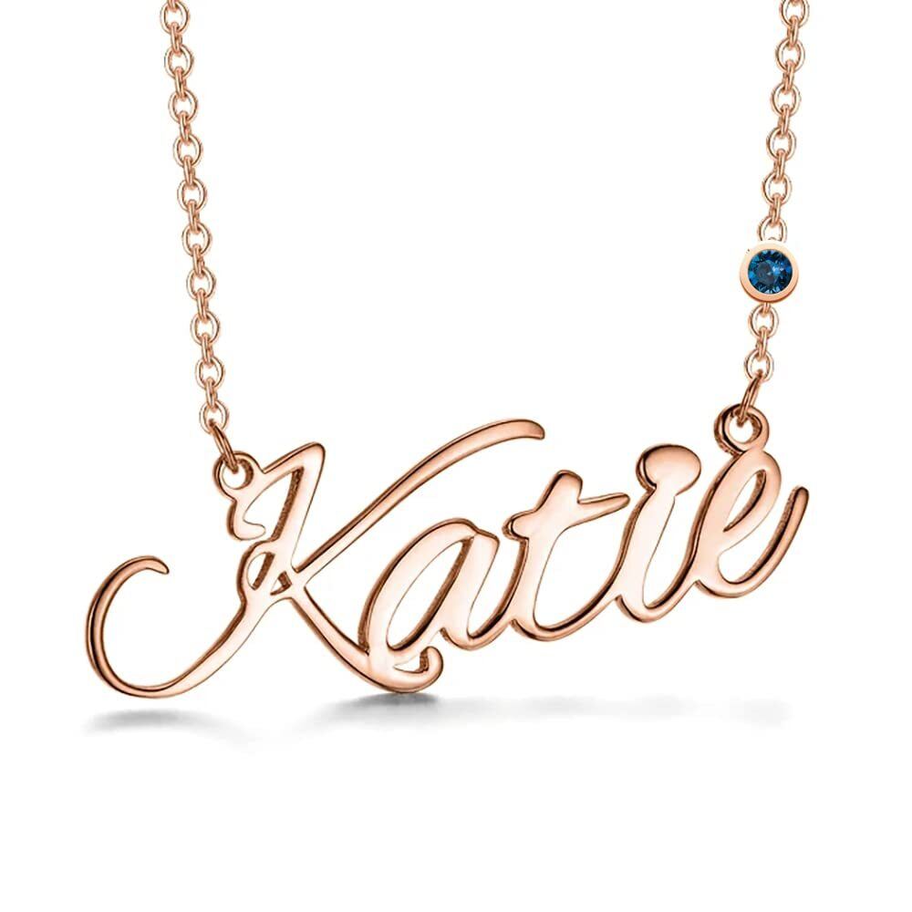 Sterling Silver with Rose Gold Plated Personalized Birthstone & Personalized Classic Name Pendant Necklace-1
