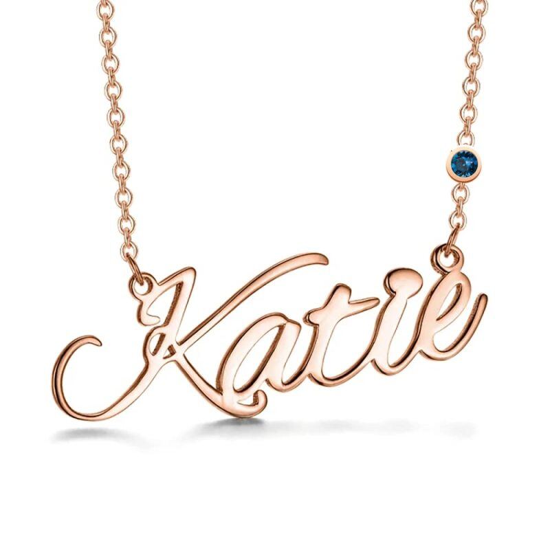 Sterling Silver with Rose Gold Plated Personalized Birthstone & Personalized Classic Name Pendant Necklace