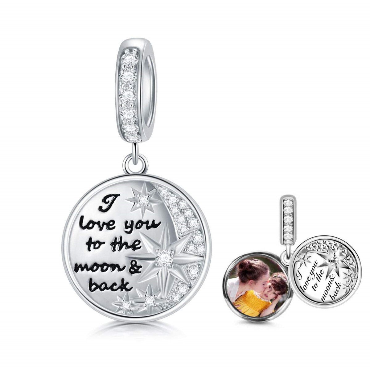 Sterling Silver Personalized Photo Dangle Charm with Engraved Word-1