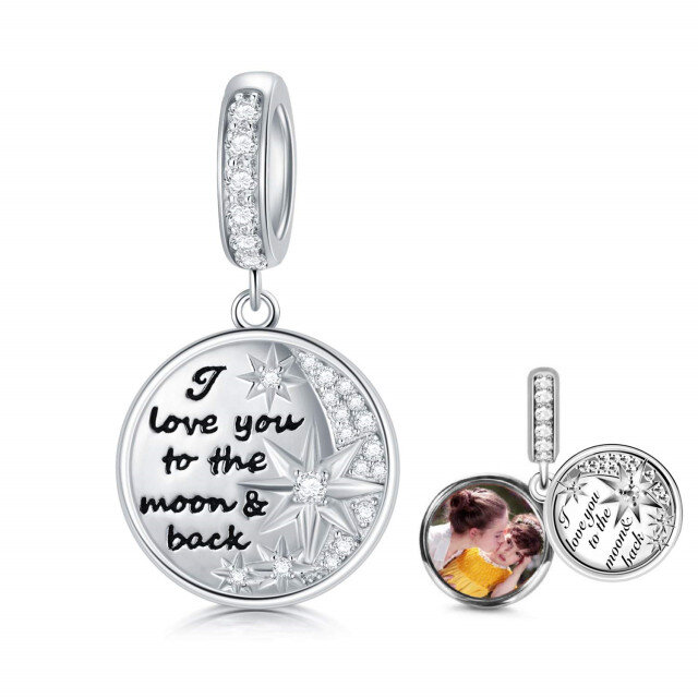 Sterling Silver Personalized Photo Dangle Charm with Engraved Word-0