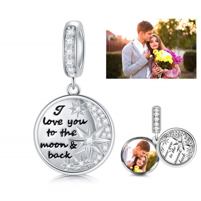Sterling Silver Personalized Photo Dangle Charm with Engraved Word-2