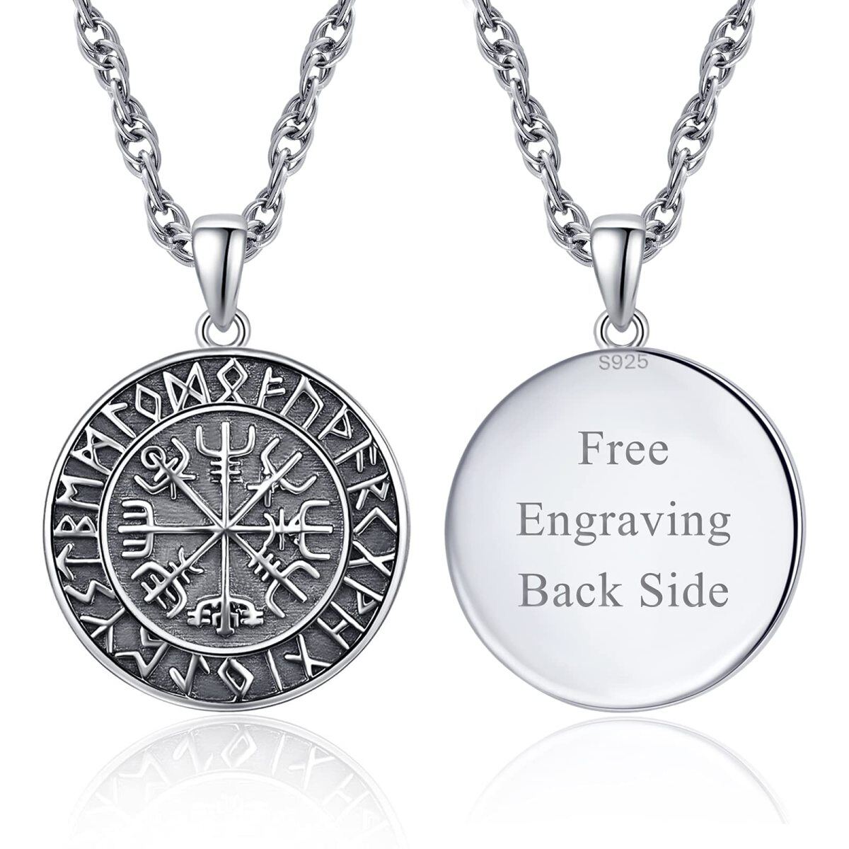Sterling Silver Personalized Engraving & Viking Rune Pendant Necklace for Men-1