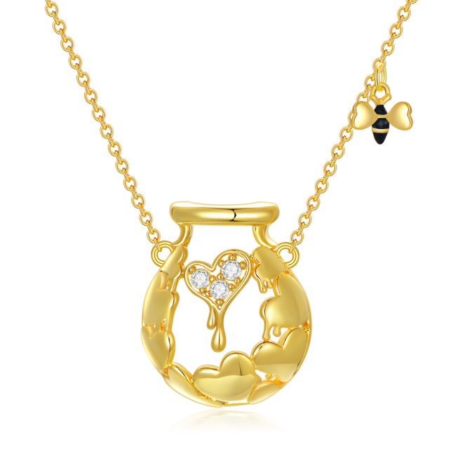 Sterling Silver with Yellow Gold Plated Round Cubic Zirconia Bee & Heart Pendant Necklace-1